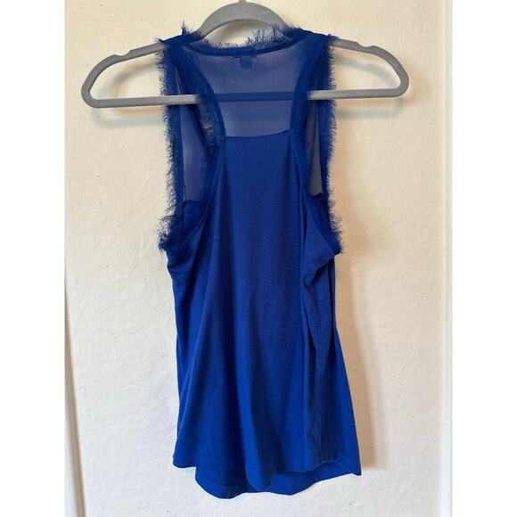Guess Royal Blue Sheer Mesh Trim Tank Top Size M Button Front Sleeveless Blouse - Picture 2 of 6